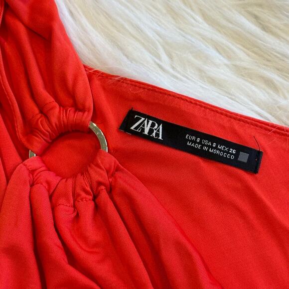 ZARA Asymmetric One Shoulder Draped Ruffle Bodycon Midi Dress in Red - Picture 10 of 11